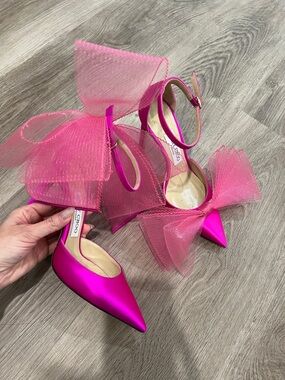 Jimmy Choo Hot Pink Satin Pointed-Toe Tulle Bow Ankle-Strap Pumps